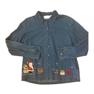 Lemon Grass  Shirt Christmas Embroidery Sz M Denim Santa Ugly Christmas Shirt